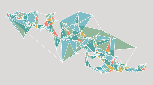 Composition abstraite compos&eacute;e de triangles g&eacute;om&eacute;triques color&eacute;s interconnect&eacute;s par des lignes blanches sur un fond gris neutre pour un design moderne et minimaliste.