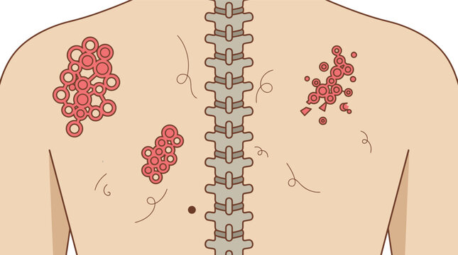 Ilustra&ccedil;&atilde;o m&eacute;dica mostrando uma vista posterior das costas humanas com erup&ccedil;&otilde;es cut&acirc;neas, manchas vermelhas e inflama&ccedil;&atilde;o da pele ao longo da coluna vertebral para diagn&oacute;stico dermatol&oacute;gico.