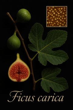 Elegant fig plant illustration with halved fruit revealing crimson pulp inside