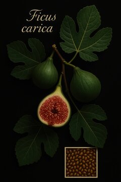 Vintage-style fig branch composition paired with a golden-framed texture close-up