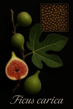 Fig tree specimen showing green fruit, dark leaves, and calligraphic Latin label