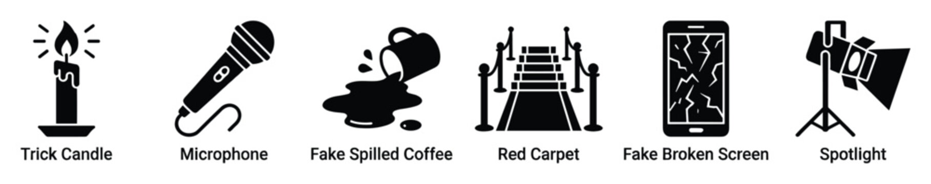 Set of event, novelty, and prank icons for entertainment and presentation.