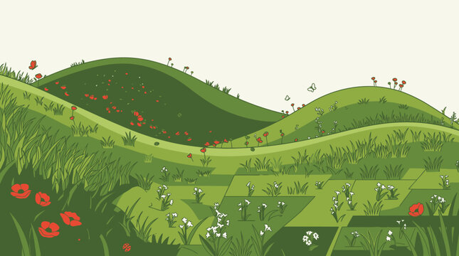 Illustration vectorielle d'un paysage printanier avec des collines verdoyantes, des coquelicots rouges et des fleurs sauvages blanches sur un fond clair pour un design naturel