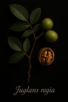 Juglans regia botanical study showing compound leaves and ripening fruit