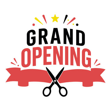Grand Opening Celebration Badge Design with Ribbon Cutting Scissors and Bold Event Typography