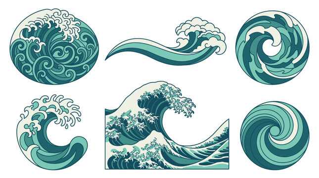 Ensemble d'illustrations vectorielles de vagues de mer stylis&eacute;es dans un style artistique japonais traditionnel avec des formes circulaires et des motifs fluides