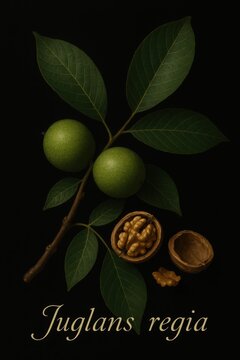Common walnut plant portrait with pinnate foliage against a black backdrop