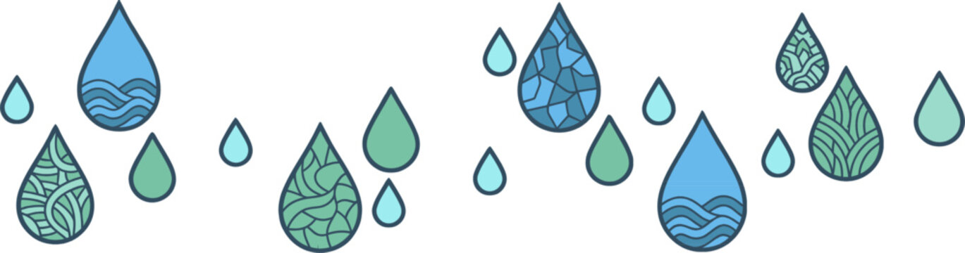Illustration de gouttes d'eau bleues et vertes stylis&eacute;es avec des motifs int&eacute;rieurs, sur fond blanc, &eacute;voquant la pluie ou la puret&eacute;.