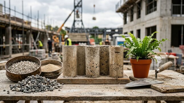 Low-carbon concrete core samples, crushed limestone, slag powder, plant, trowel, and aggregate for sustainable housing materials.