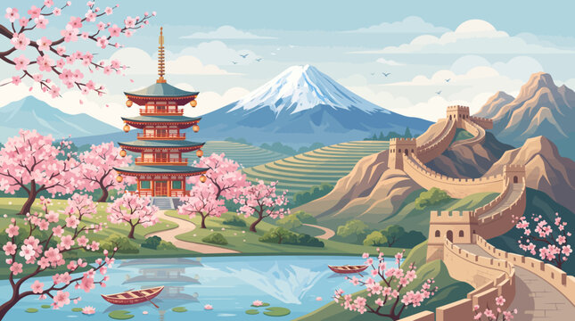 Japan Landscape: Pagoda, Mt. Fuji, Cherry Blossoms, and Great Wall