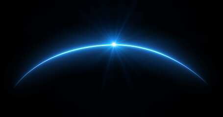 Glowing blue sunrise over planet horizon in deep space, Motion graphics of shining light rays © Masha Stock