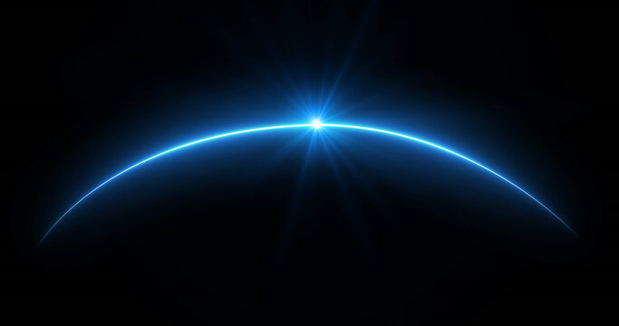 Glowing blue sunrise over planet horizon in deep space, Motion graphics of shining light rays