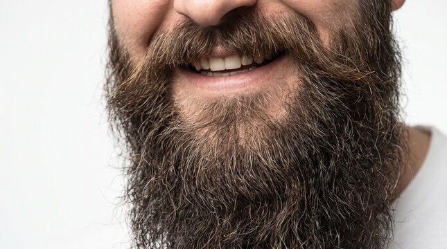 Man with thick beard smiling. Close-up of groomed facial hair for World Beard Day celebration. Concept of men grooming style, masculine look, barber shop service and trendy appearance.