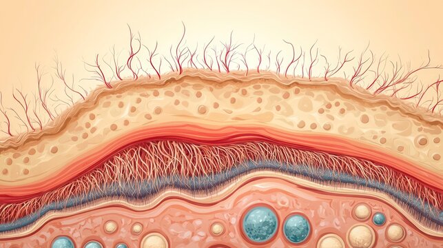 Microscopic cross-section of human skin showing epidermis, dermis, and hypodermis layers with blood vessels, nerve endings, and hair follicles.