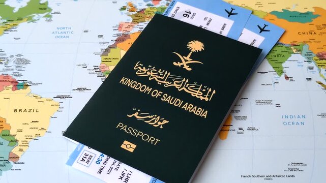 Saudi Arabia passport or id document with tickets for flight, travel, border crossing. Saudi Arabia passport and tickets as a background for your design