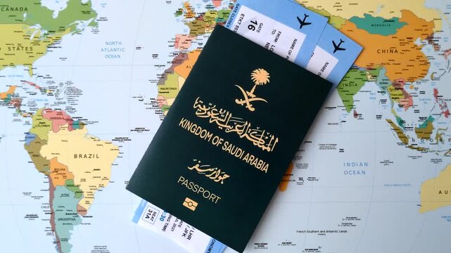Saudi Arabia passport or id document with tickets for flight, travel, border crossing. Saudi Arabia passport and tickets as a background for your design