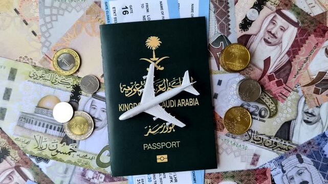 Saudi Arabia passport or id document with tickets for flight, travel, border crossing. Saudi Arabia passport and tickets as a background for your design