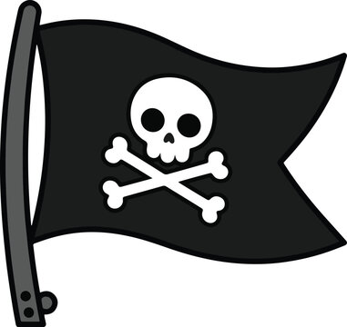 Black jolly roger pirate flag featuring skull and crossbones on flagpole, black and white vector illustration