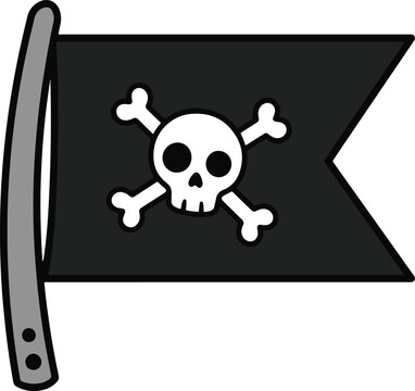 Black swallowtail jolly roger pirate flag featuring skull and crossbones on flagpole, black and white vector illustration