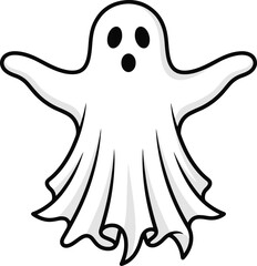 Obraz premium Floating white ghost character with open arms and surprised expression, halloween cartoon black and white vector illustration
