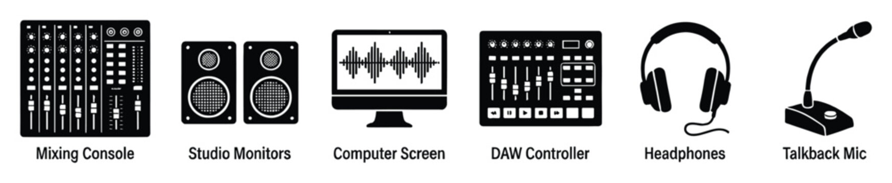 Set of audio recording studio equipment icons for music production sound engineering