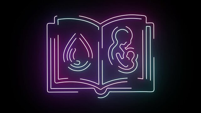 Neon glowing book animation showing a water drop icon and a mother nursing a baby symbol in vibrant purple and blue line art style on black background