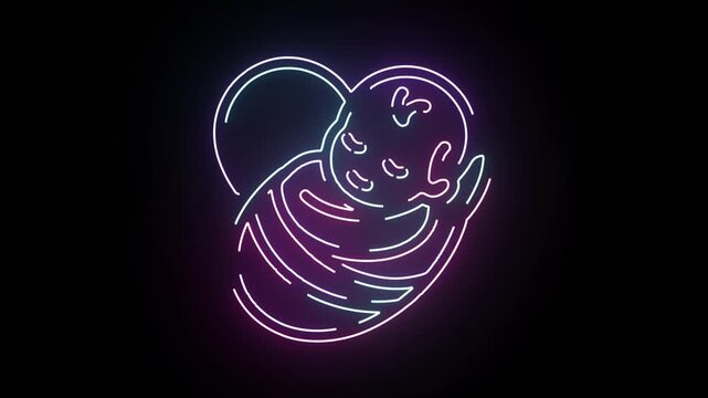 Neon glowing outline of a newborn baby sleeping peacefully swaddled in a soft blanket with vibrant pink and blue light lines on a dark black backgroun