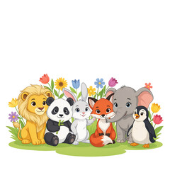 Obraz premium Cute cartoon animal friends sitting together in a colorful flower meadow
