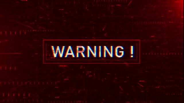 Glitch warning cyber security visual crimson alert text, red digital interference, and dark corrupted tech screen. for antivirus clips, threat alerts, error transitions, and urgent motion graphics.