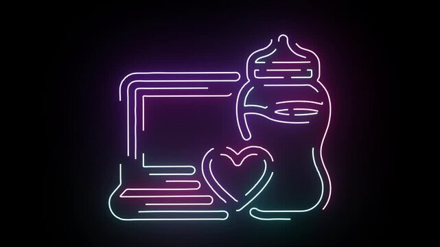 Neon glowing outline animation showing a baby bottle icon paired with a laptop computer and a heart symbol representing modern parenting technology