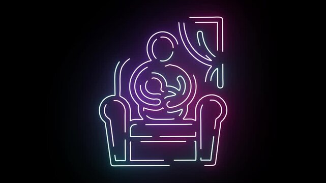Neon Line Art Animation Showing A Mother Comfortably Nursing Her Newborn Baby While Sitting In A Rocking Chair With Soft Glowing Purple Blue Lights