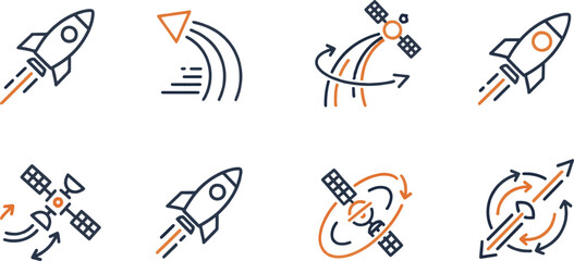 Rocket Launch Speed Trail Speed Arrow Orbiting Satellite Spacecraft Launch Solar Panel Satellite Flying Rocket Satellite Orbit Axis Rotation Vector Icon Set © rofikgraph24