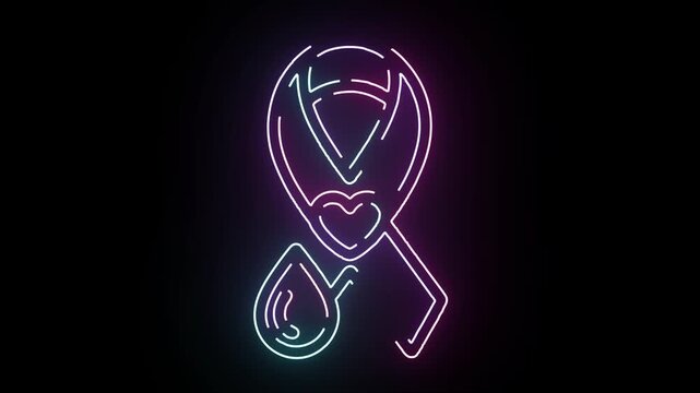 Vibrant glowing neon awareness ribbon featuring a heart and a medical blood drop design shimmering against a dark black background for health causes