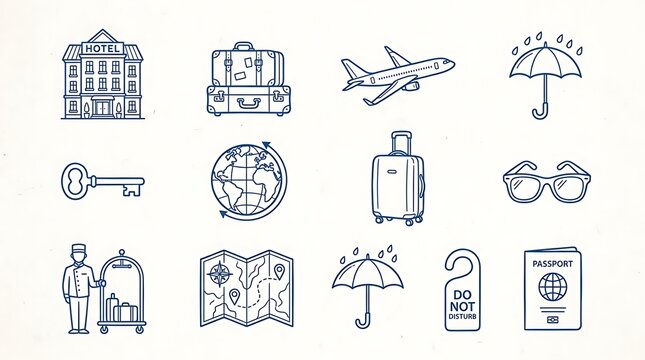 Set of travel and hotel line art icons including suitcase plane map and passport for vacation trips