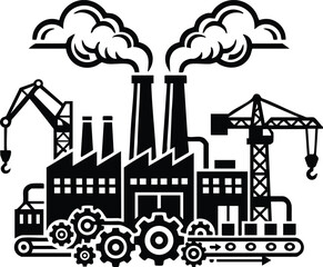 Obraz premium Industrial factory silhouette with smokestacks, cranes, gears, and conveyor belts in black on a white background