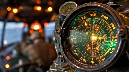 Naklejka premium Antique military radar screen illuminating bright targets in dimly lit environment