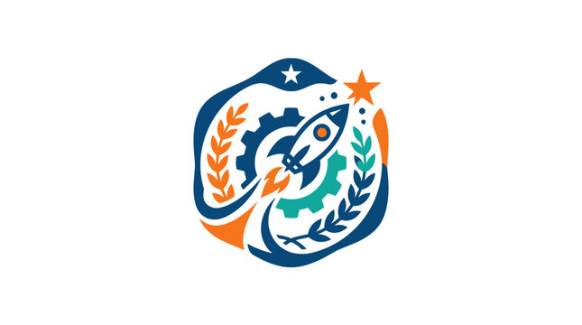 Rocket launch innovation logo with gear and laurel.