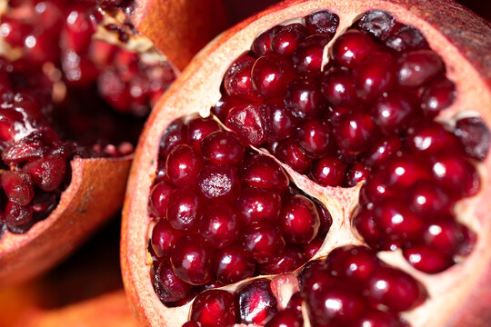 Ripe pomegranate fruit revealing juicy red seeds macro