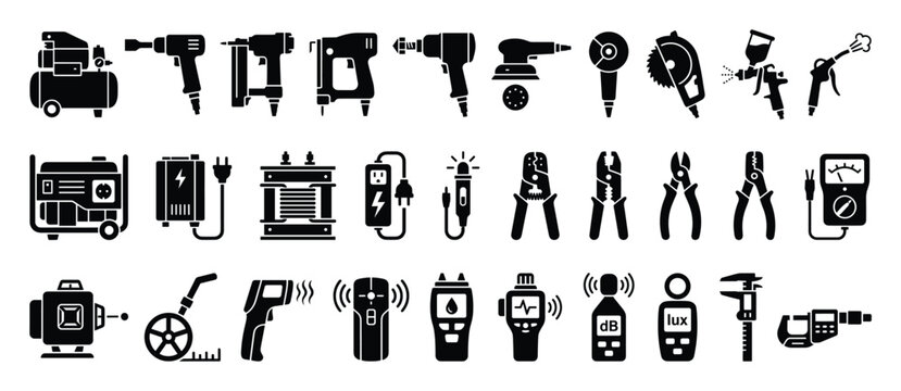 Set of industrial tools, electrical equipment, and measurement device glyphs
