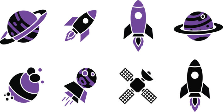 Ringed Planet Saturn Angled Rocket Launch Upward Rocket Launch Ringed Planet Saturn Front Craters Asteroids Planet Spaceship Landing Solar Panel Satellite Rocket Booster Launch Vector Icon Set