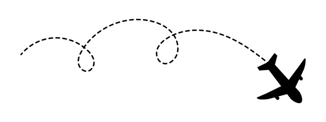 Black silhouette airplane icon with a dotted flight path line representing travel and tourism © Md