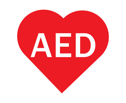 Red heart icon with aed text for automated external defibrillator medical emergency sign