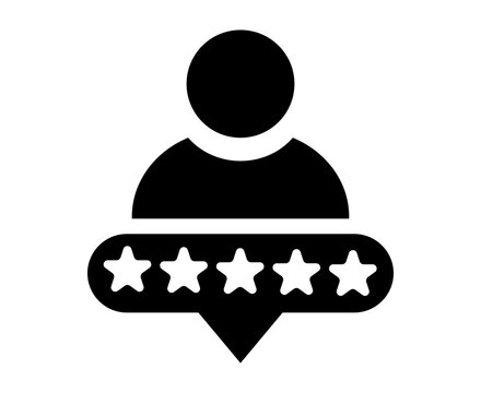 Black user icon with five star rating review symbol