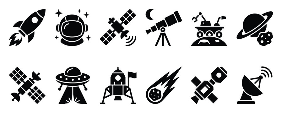 Set of space exploration astronomy icons perfect for educational presentations and digital interfaces