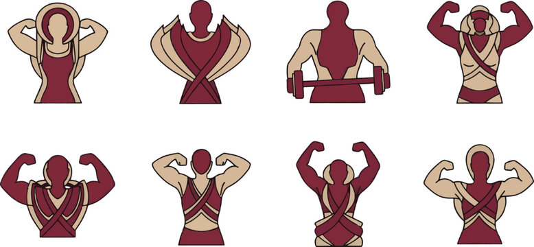 PrintBodybuilder Biceps Flex Winged Muscular Athlete Barbell Back Deadlift Muscular Fitness Pose Bodybuilding Muscle Flex Cross Strap Bodybuilder Bicep Pose Vector Icon Set
