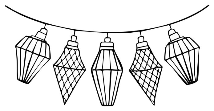 Decorative string of outlined geometric lamps illustration