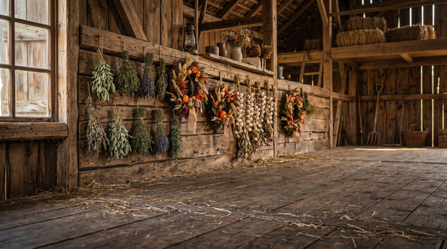 rustic wooden barn interior with wooden floor straw hanging bundles of dried herbs lavender garlic braids and autumn wreaths