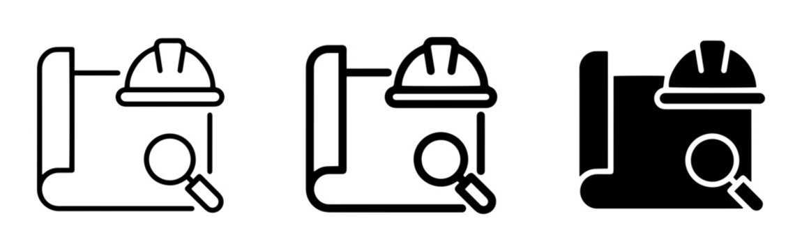 Construction Blueprint Search Icons, Engineering Project Magnifier, Safety Helmet Planning Symbols