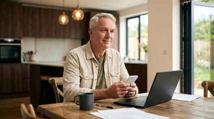 Fototapeta premium Smiling senior man using a smartphone and laptop for online banking and finance research at home.