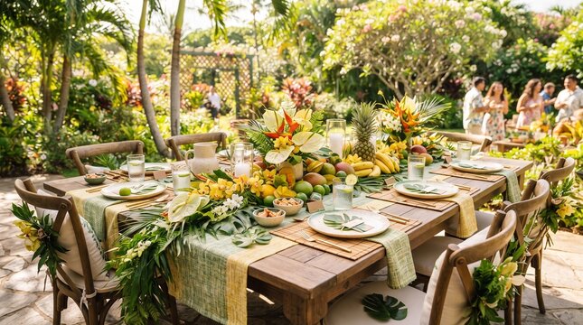 Festive outdoor dining table decorated with tropical flowers and fruits  